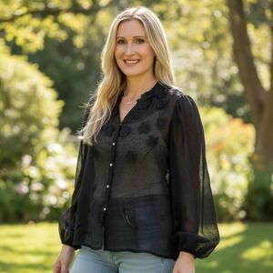Adrianna Papell Black Sheer Floral Applique Bishop Sleeve Blouse NWT Large